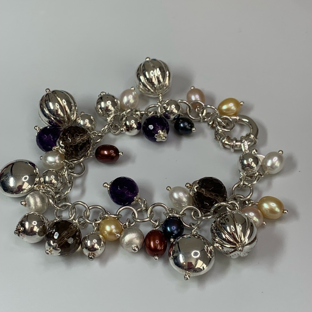 Italian Sterling Silver Pearls Amethyst Smokey Quartz ChaCha Charm Bracelet